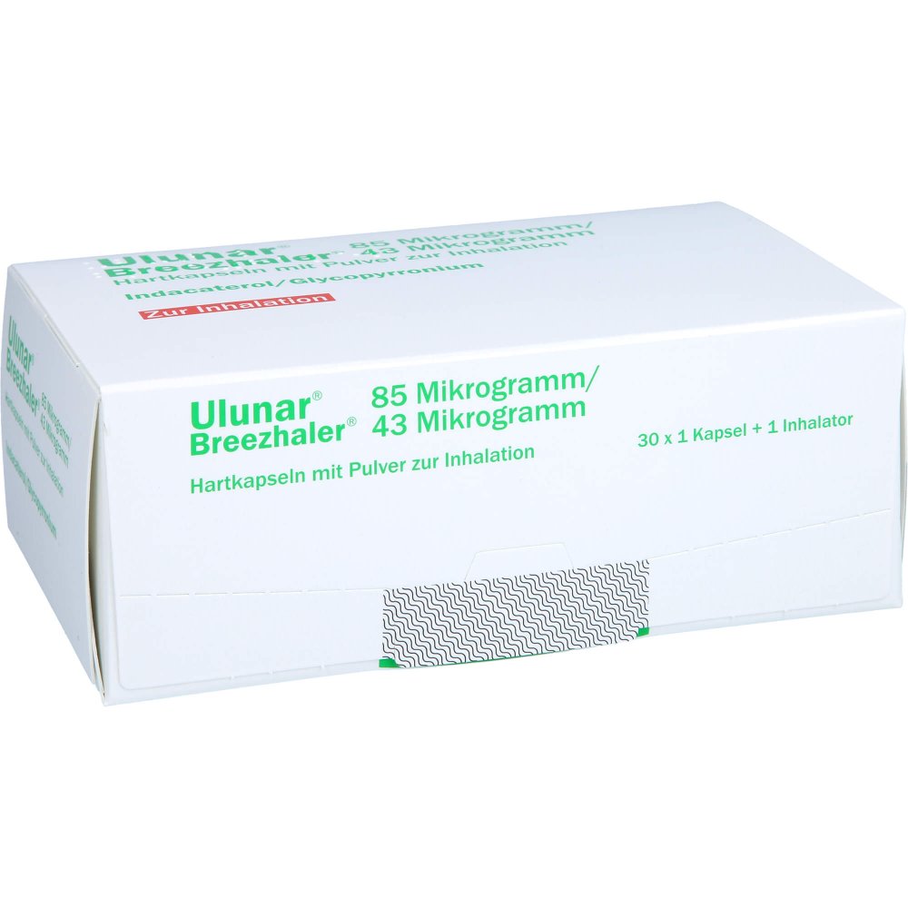 Das Produktfoto zeigt Ulunar Breezhaler 85 Μg/43 Μg Hartkps.M.Plv.Z.Inh. (30 stk) PZN 11565403