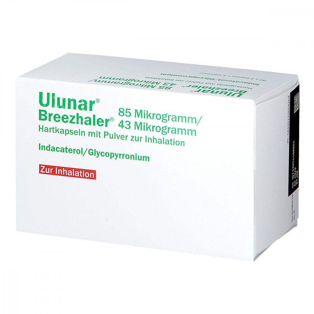 Das Produktfoto zeigt Ulunar Breezhaler 85 Μg/43 Μg Hartkps.M.Plv.Z.Inh. (90 stk) PZN 11565426
