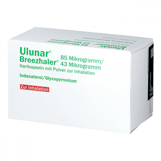 Das Produktfoto zeigt Ulunar Breezhaler 85 Μg/43 Μg Hartkps.M.Plv.Z.Inh. (90 stk) PZN 11565426