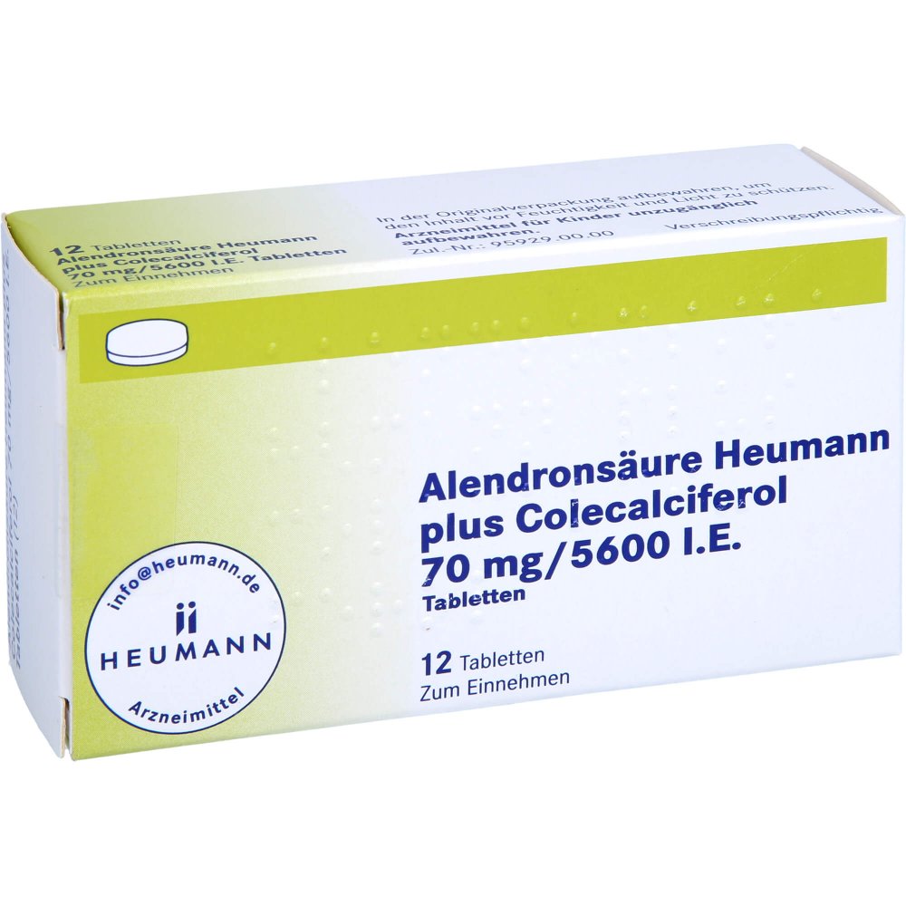 Das Produktfoto zeigt Alendronsäure Heum.Plus Colecalcif.70 Mg/5600 I.E. (12 stk) PZN 11580503