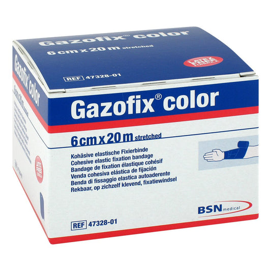 Das Produktfoto zeigt Gazofix Color Fixierbinde Kohäsiv 6 Cmx20 M Blau (1 stk) PZN 11587600