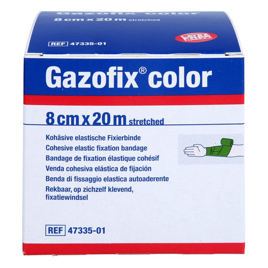 Das Produktfoto zeigt Gazofix Color Fixierbinde Kohäsiv 8 Cmx20 M Grün (1 stk) PZN 11587735