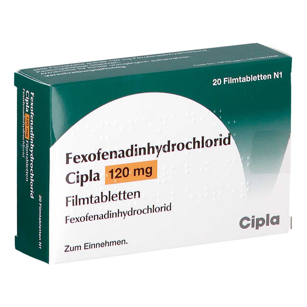 Das Produktfoto zeigt Fexofenadinhydrochlorid Cipla 120 Mg Filmtabletten (20 stk) PZN 11596705