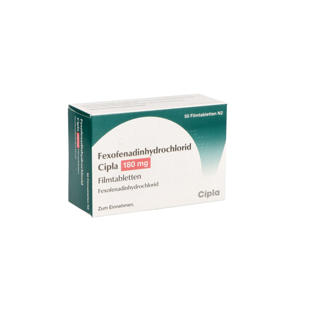 Das Produktfoto zeigt Fexofenadinhydrochlorid Cipla 180 Mg Filmtabletten (50 stk) PZN 11596740