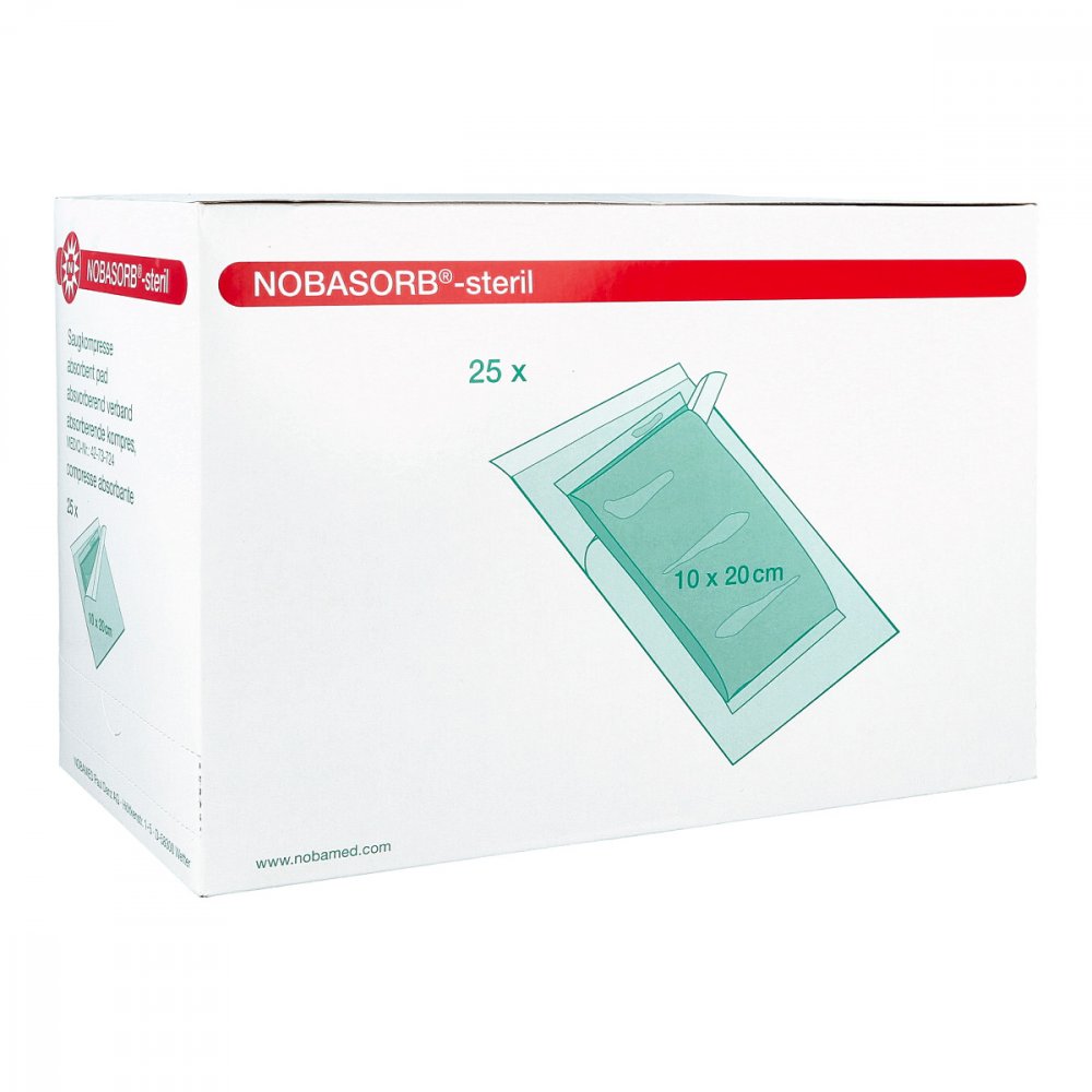 Das Produktfoto zeigt Nobasorb-Steril Saugkompressen 10x20 Cm (25 stk) PZN 11606013