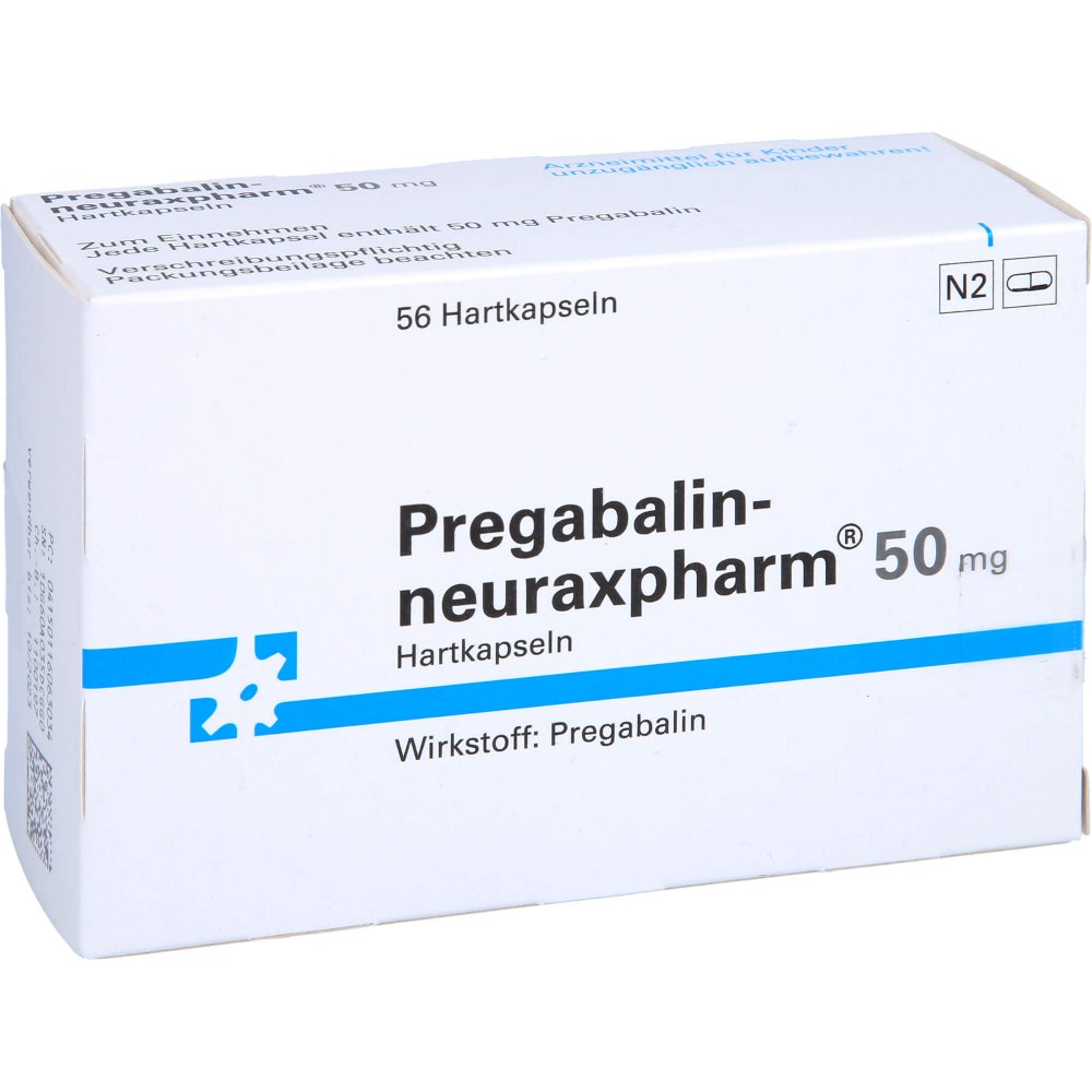 Das Produktfoto zeigt Pregabalin-Neuraxpharm 50 Mg Hartkapseln (56 stk) PZN 11606303