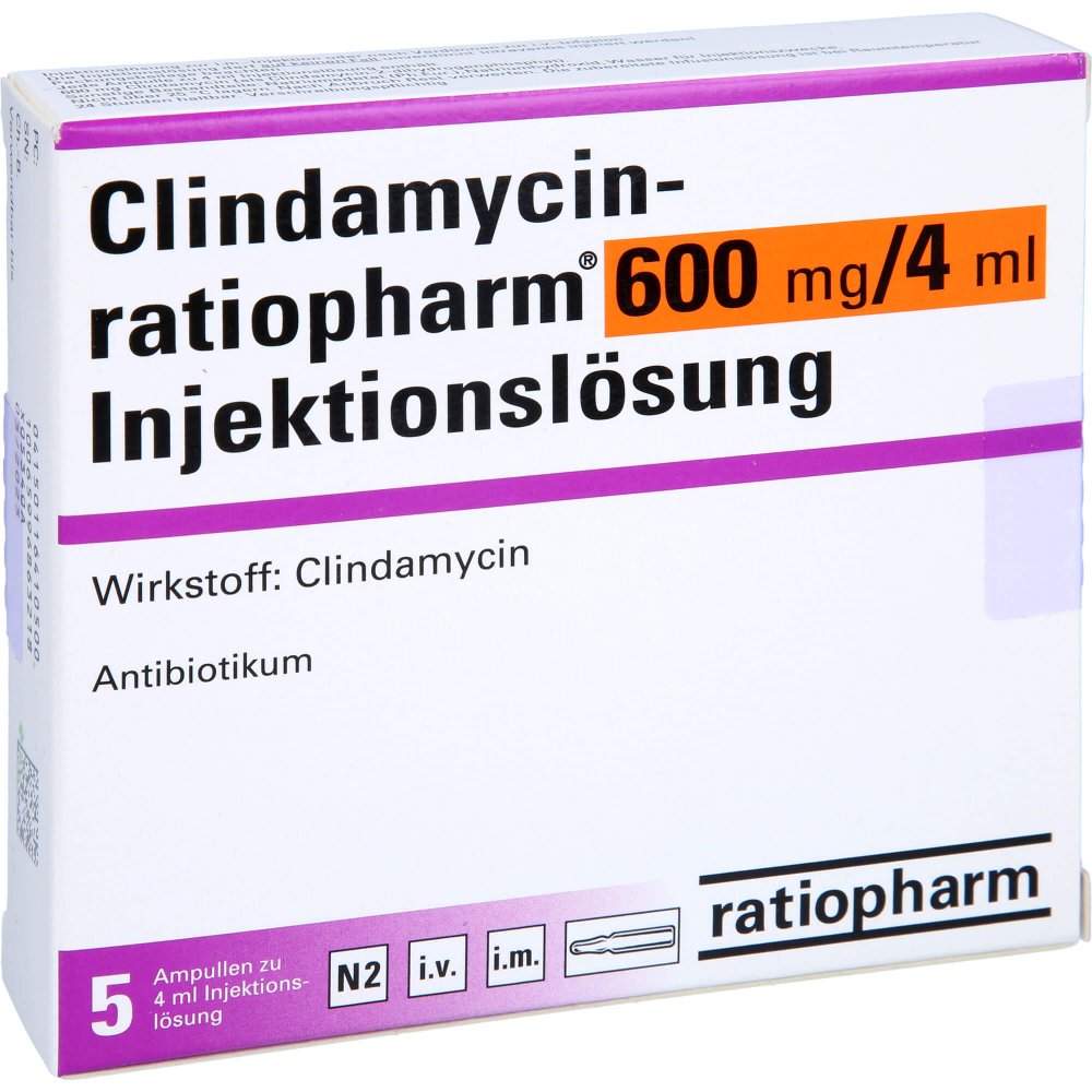 Das Produktfoto zeigt Clindamycin-Ratiopharm 600 Mg/4 Ml Inj.L.Amp.O.Alk (5 stk) PZN 11641050