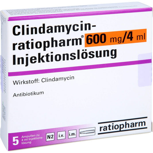 Das Produktfoto zeigt Clindamycin-Ratiopharm 600 Mg/4 Ml Inj.L.Amp.O.Alk (5 stk) PZN 11641050