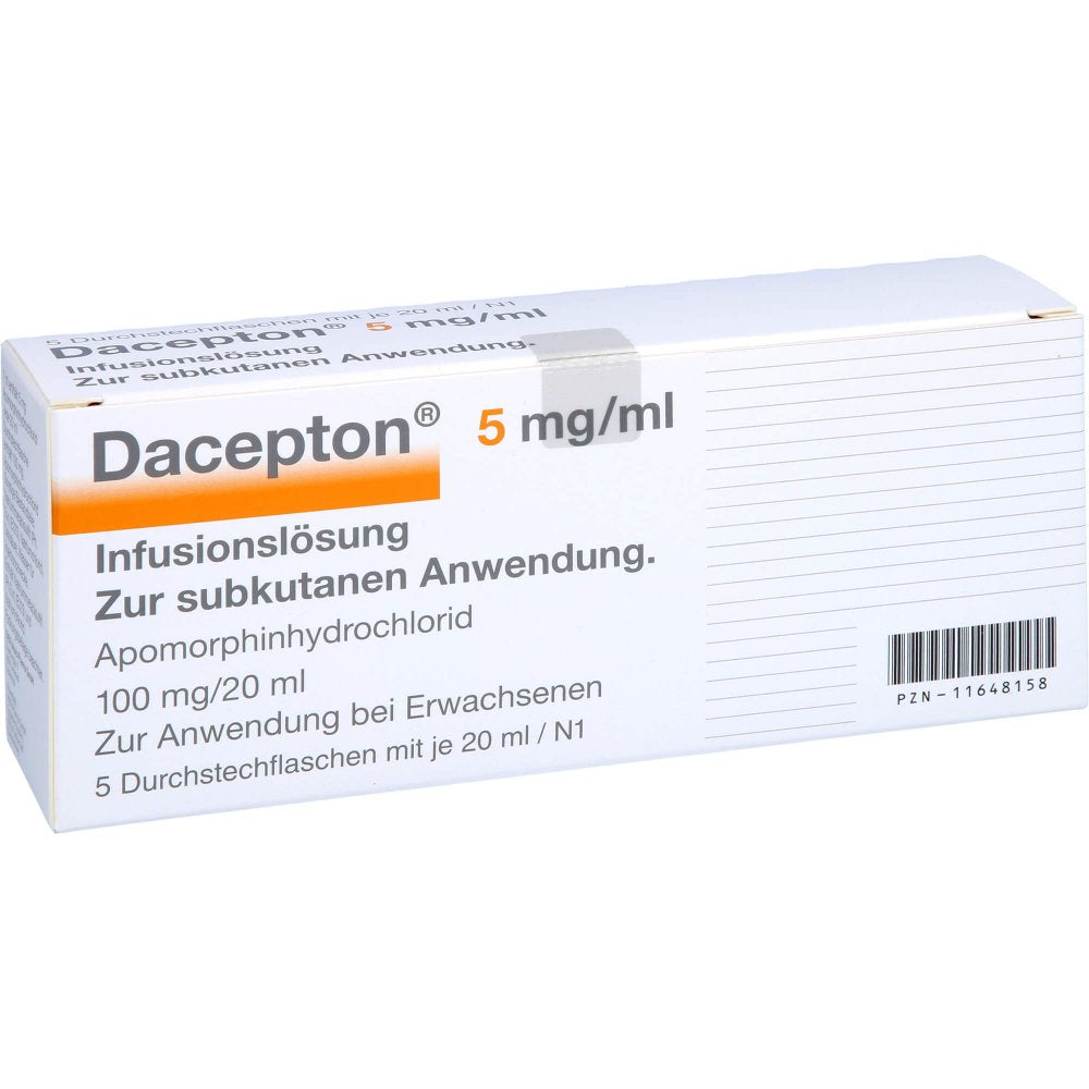 Das Produktfoto zeigt Dacepton 5 Mg/Ml 20 Ml Vial Infusionslösung (5X20 ml) PZN 11648158