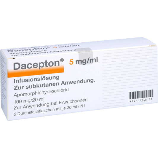 Das Produktfoto zeigt Dacepton 5 Mg/Ml 20 Ml Vial Infusionslösung (5X20 ml) PZN 11648158