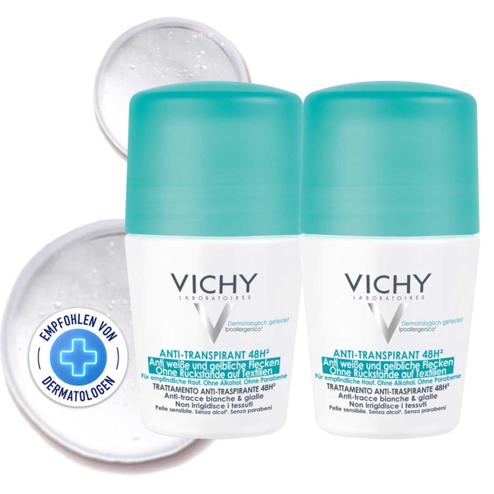 Das Produktfoto zeigt Vichy Deo Roll-On Anti-Flecken 48h (2X50 ml) PZN 11657571
