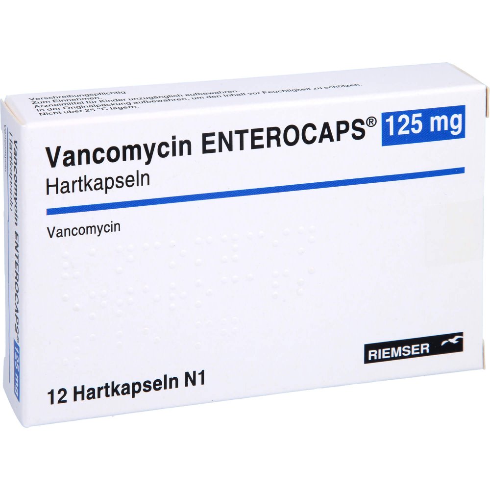 Das Produktfoto zeigt Vancomycin Enterocaps 125 Mg Hartkapseln (12 stk) PZN 11666529