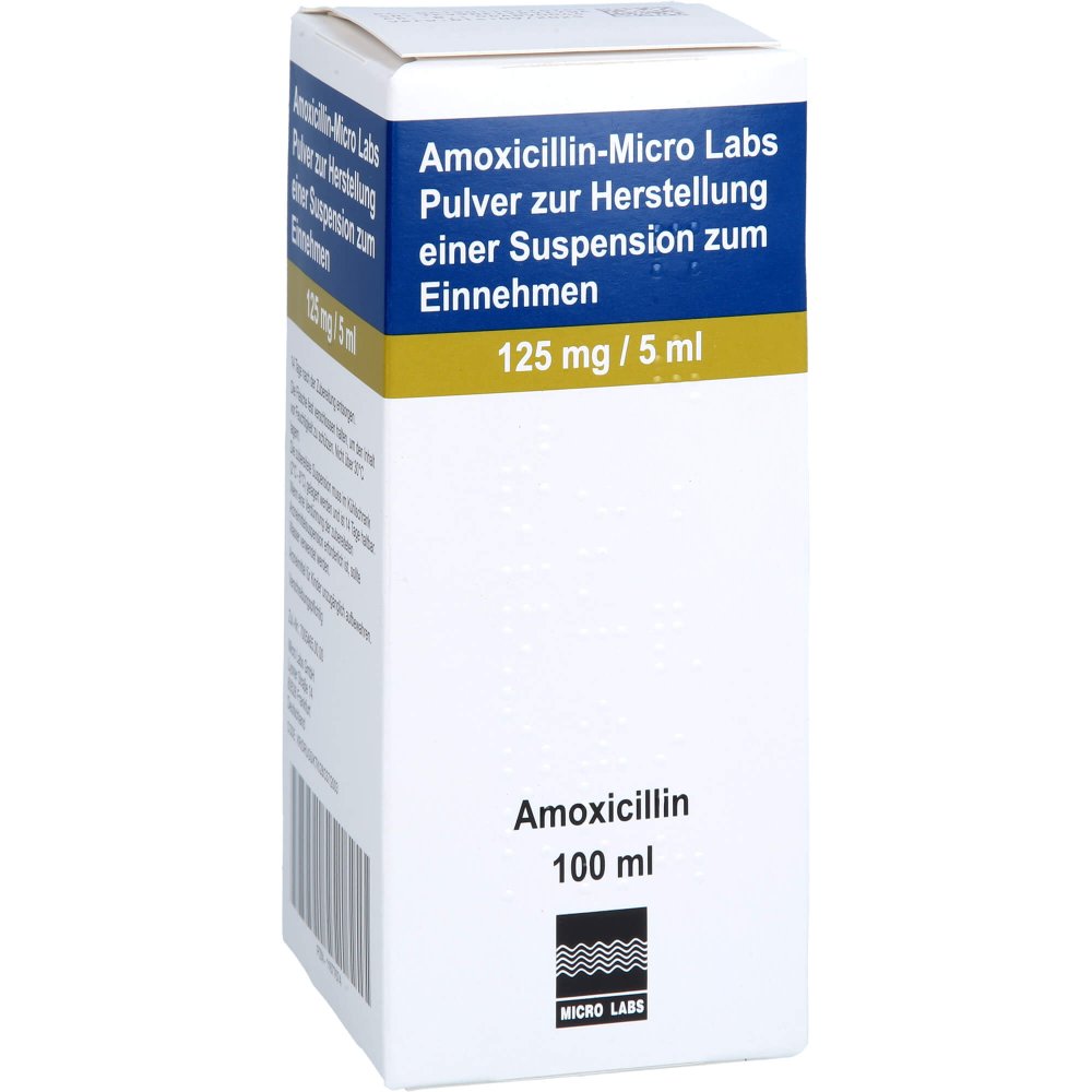 Das Produktfoto zeigt Amoxicillin Micro Labs 125 Mg/5 Ml Plv.Sus.-Herst. (100 ml) PZN 11677674
