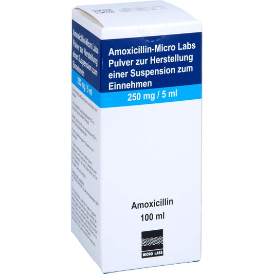 Das Produktfoto zeigt Amoxicillin Micro Labs 250 Mg/5 Ml Plv.Sus.-Herst. (100 ml) PZN 11677705