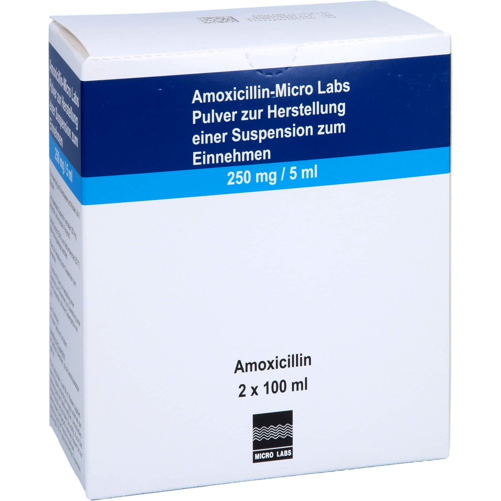 Das Produktfoto zeigt Amoxicillin Micro Labs 250 Mg/5 Ml Plv.Sus.-Herst. (200 ml) PZN 11677711