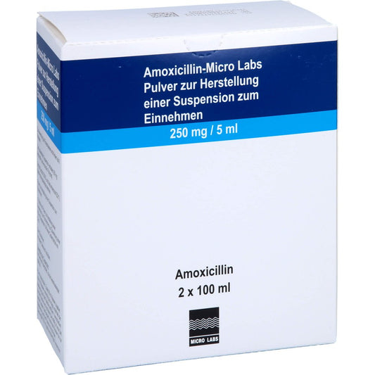 Das Produktfoto zeigt Amoxicillin Micro Labs 250 Mg/5 Ml Plv.Sus.-Herst. (200 ml) PZN 11677711
