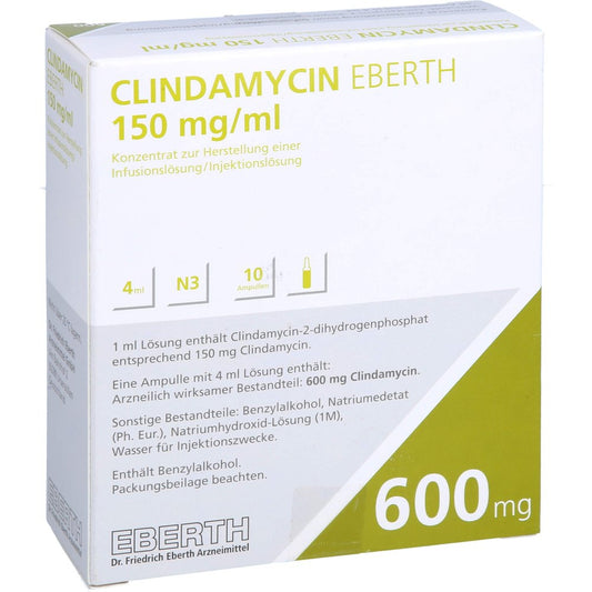 Das Produktfoto zeigt Clindamycin Eberth 150 Mg/Ml 600 Mg K.H.Inj.Inf. (10X4 ml) PZN 11684154