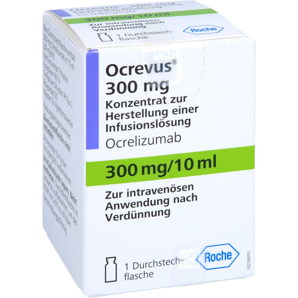 Das Produktfoto zeigt Ocrevus 300 Mg Konz.Z.Herst.E.Inf.-Lsg.10ml Dsfl. (1 stk) PZN 11688732