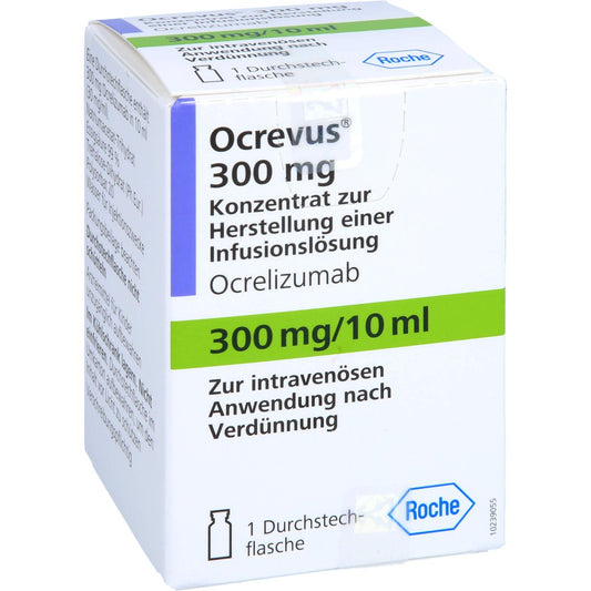 Das Produktfoto zeigt Ocrevus 300 Mg Konz.Z.Herst.E.Inf.-Lsg.10ml Dsfl. (1 stk) PZN 11688732