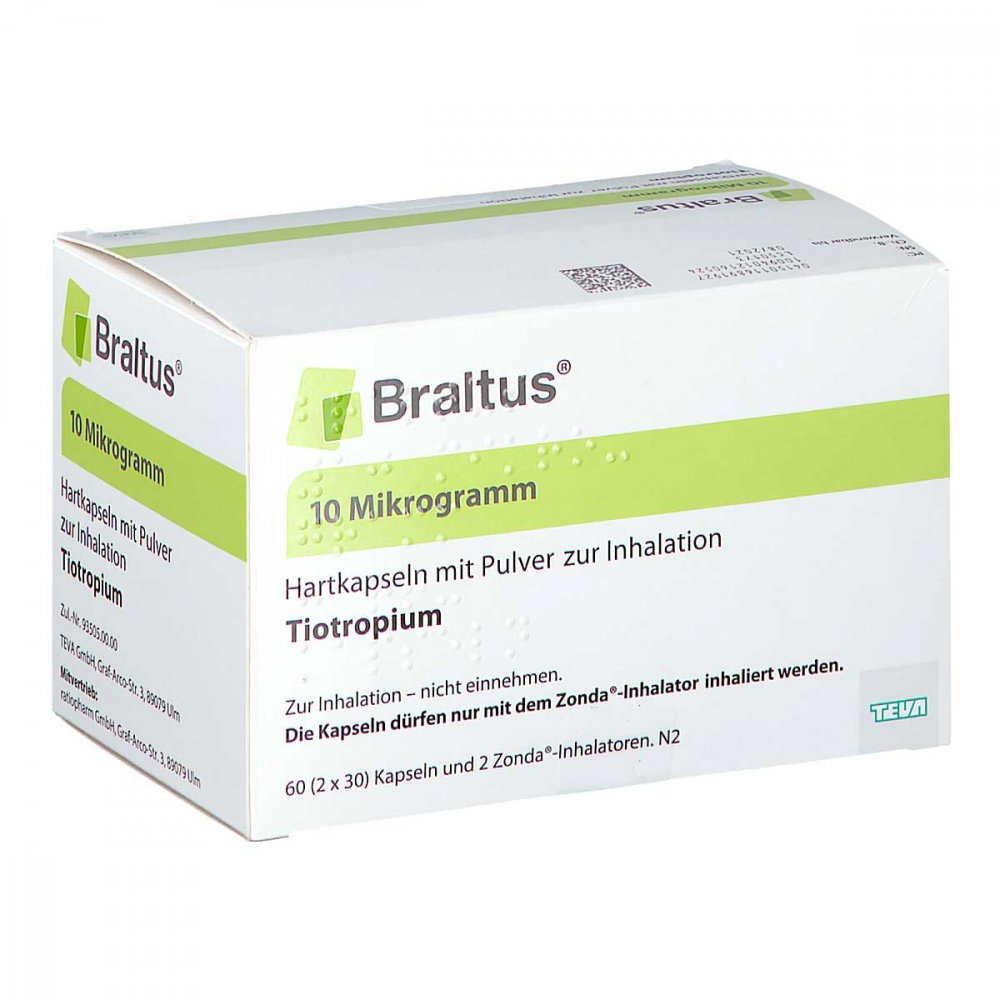 Das Produktfoto zeigt Braltus 10 Μg + 2 Zonda-Inhalat.Hartk.M.Plv.Z.Inh. (60 stk) PZN 11689192