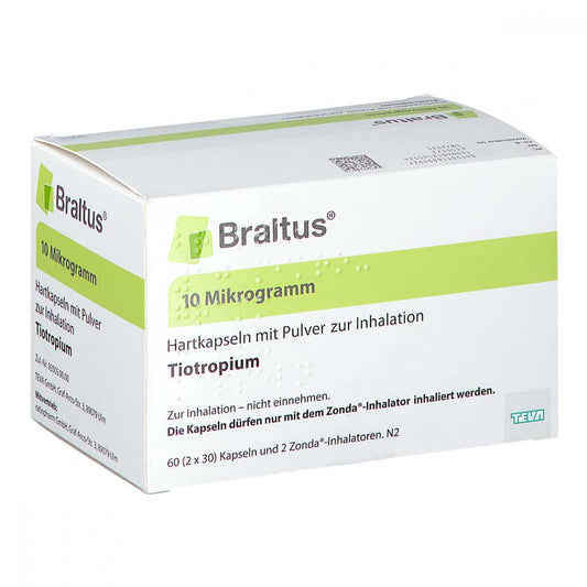 Das Produktfoto zeigt Braltus 10 Μg + 2 Zonda-Inhalat.Hartk.M.Plv.Z.Inh. (60 stk) PZN 11689192