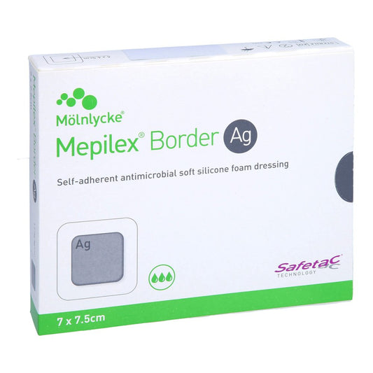 Das Produktfoto zeigt Mepilex Border Ag Schaumverb.7x7,5 Cm Steril (5 stk) PZN 11691579