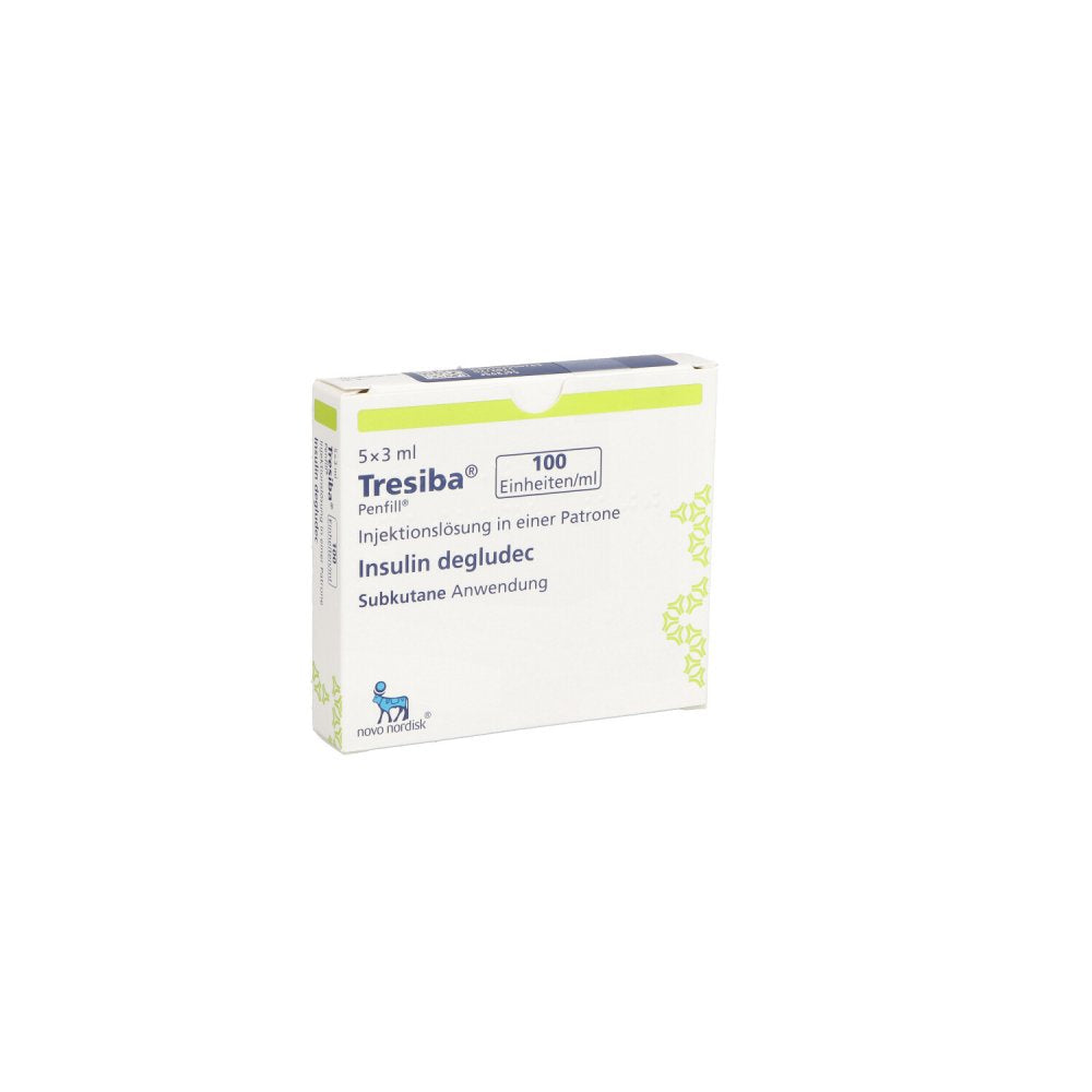 Das Produktfoto zeigt Tresiba 100 I.E./Ml Inj.-Lsg.I.E.Patrone Penfill (5X3 ml) PZN 11695057