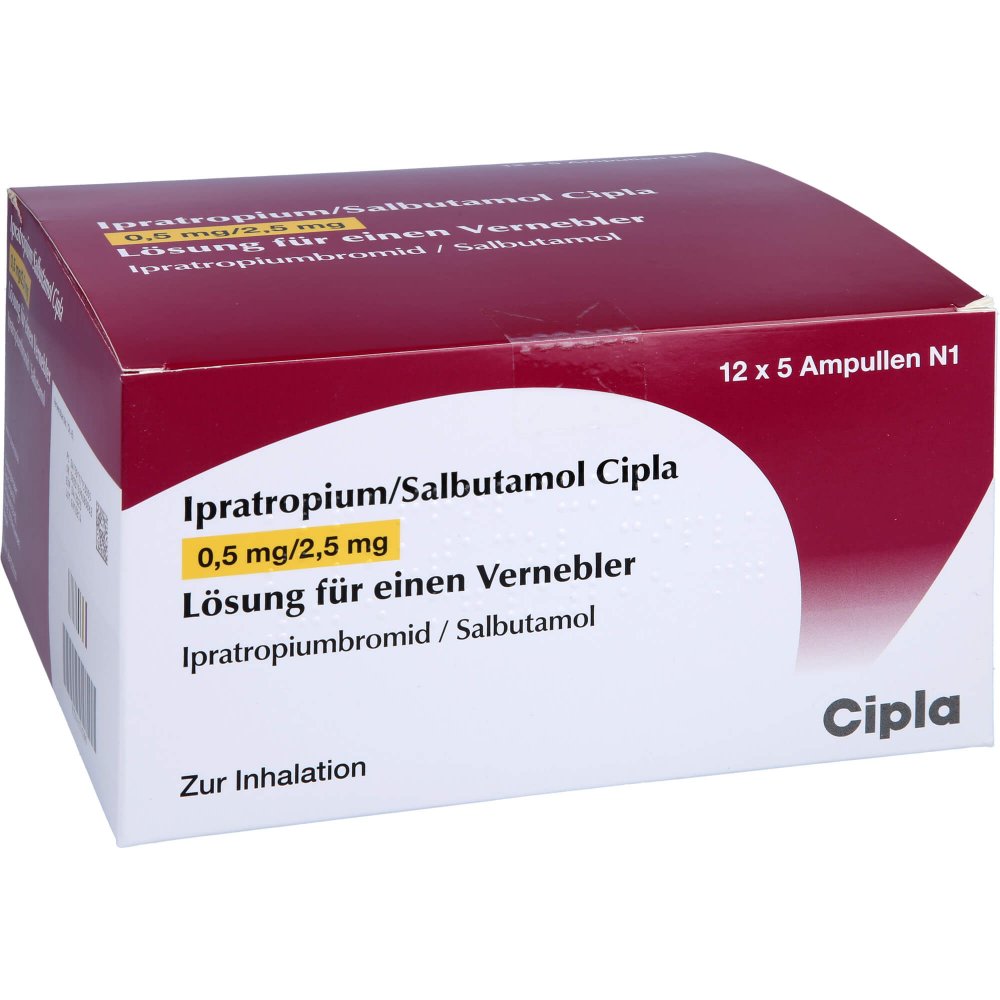 Das Produktfoto zeigt Ipratropium/Salbutamol Cipla 0,5mg/2,5mg L.F.Vern. (60 stk) PZN 11715305