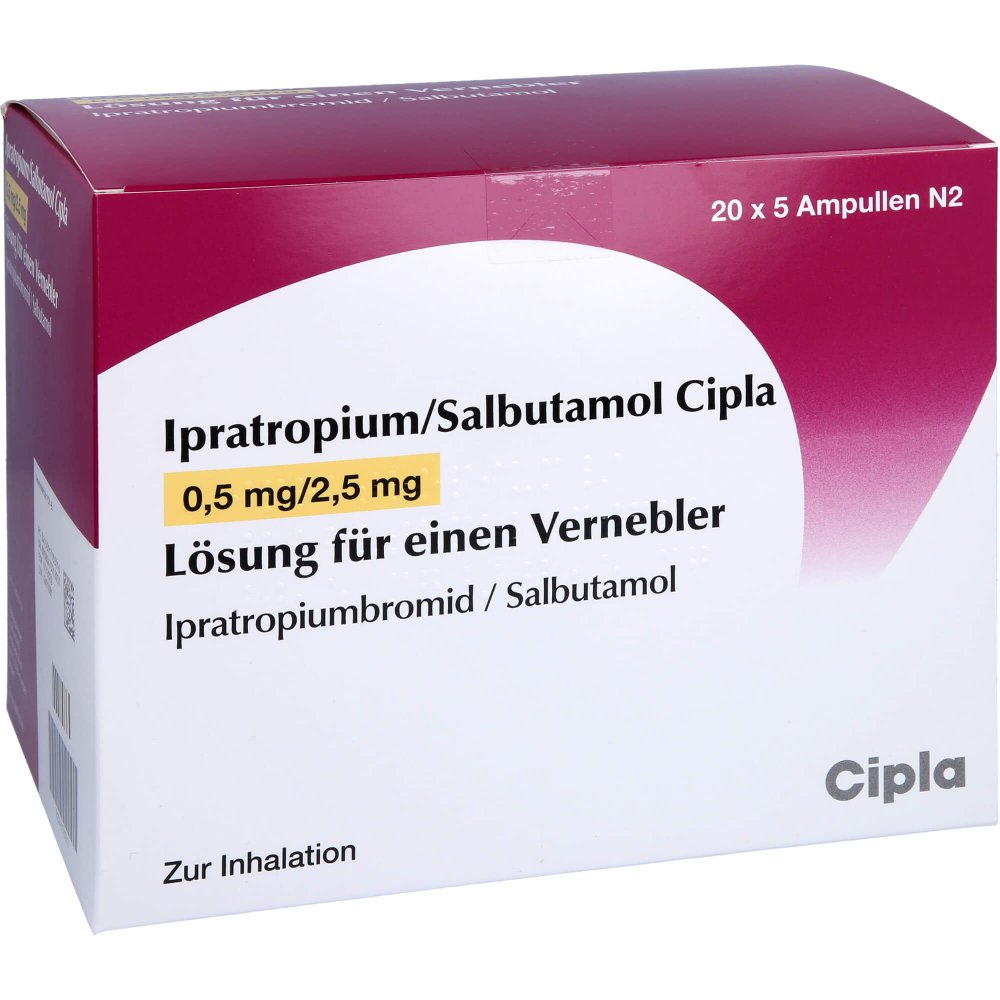 Das Produktfoto zeigt Ipratropium/Salbutamol Cipla 0,5mg/2,5mg L.F.Vern. (100 stk) PZN 11715311