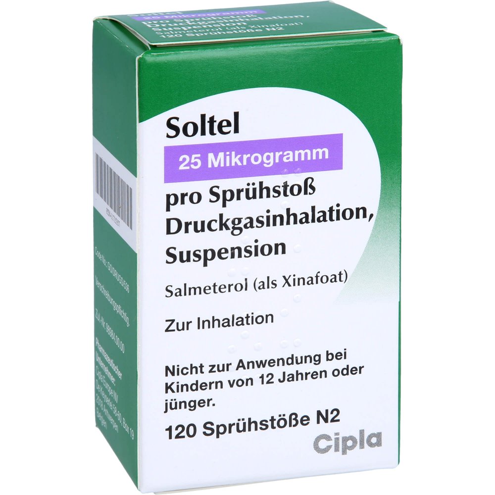 Das Produktfoto zeigt Soltel 25 Μg/Sprühstoß Druckgasinhalation Susp. (1 stk) PZN 11715357