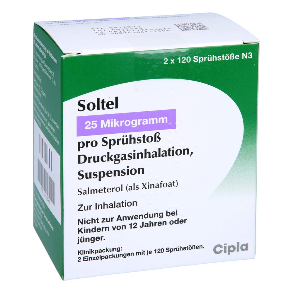 Das Produktfoto zeigt Soltel 25 Μg/Sprühstoß Druckgasinhalation Susp. (2 stk) PZN 11715363