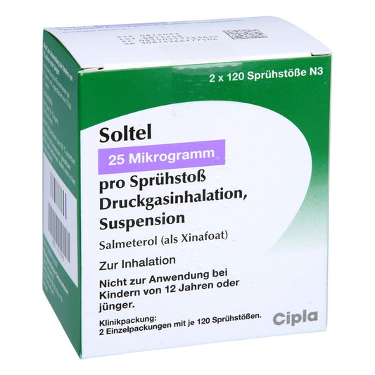 Das Produktfoto zeigt Soltel 25 Μg/Sprühstoß Druckgasinhalation Susp. (2 stk) PZN 11715363