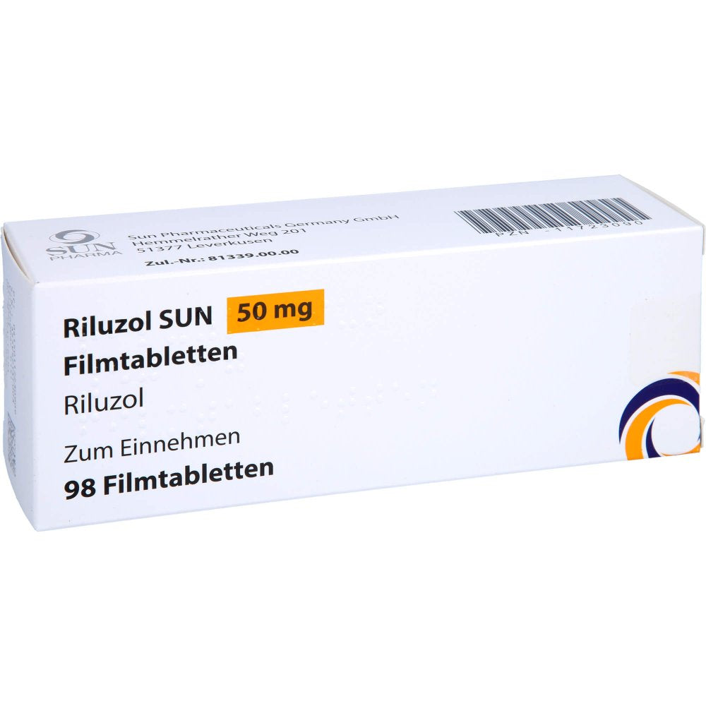Das Produktfoto zeigt Riluzol Sun 50 Mg Filmtabletten (98 stk) PZN 11723090