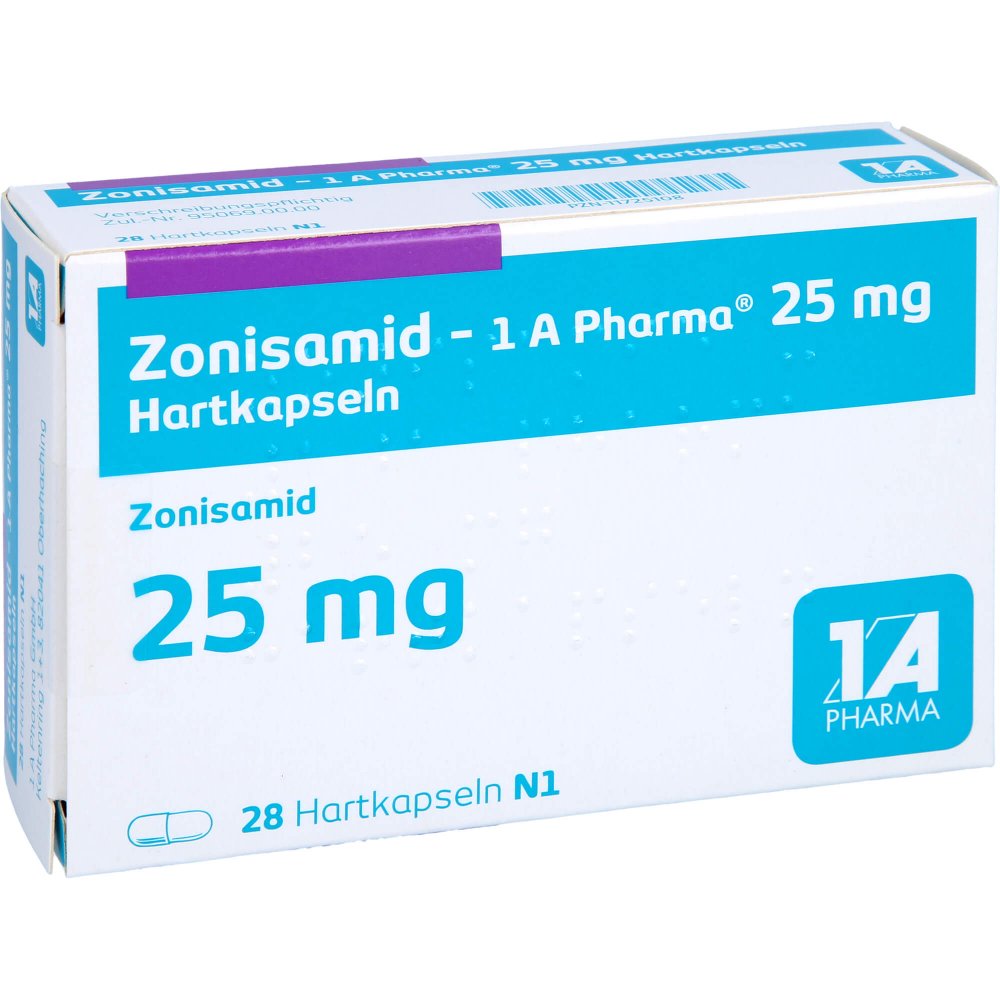 Das Produktfoto zeigt Zonisamid-1a Pharma 25 Mg Hartkapseln (28 stk) PZN 11725108