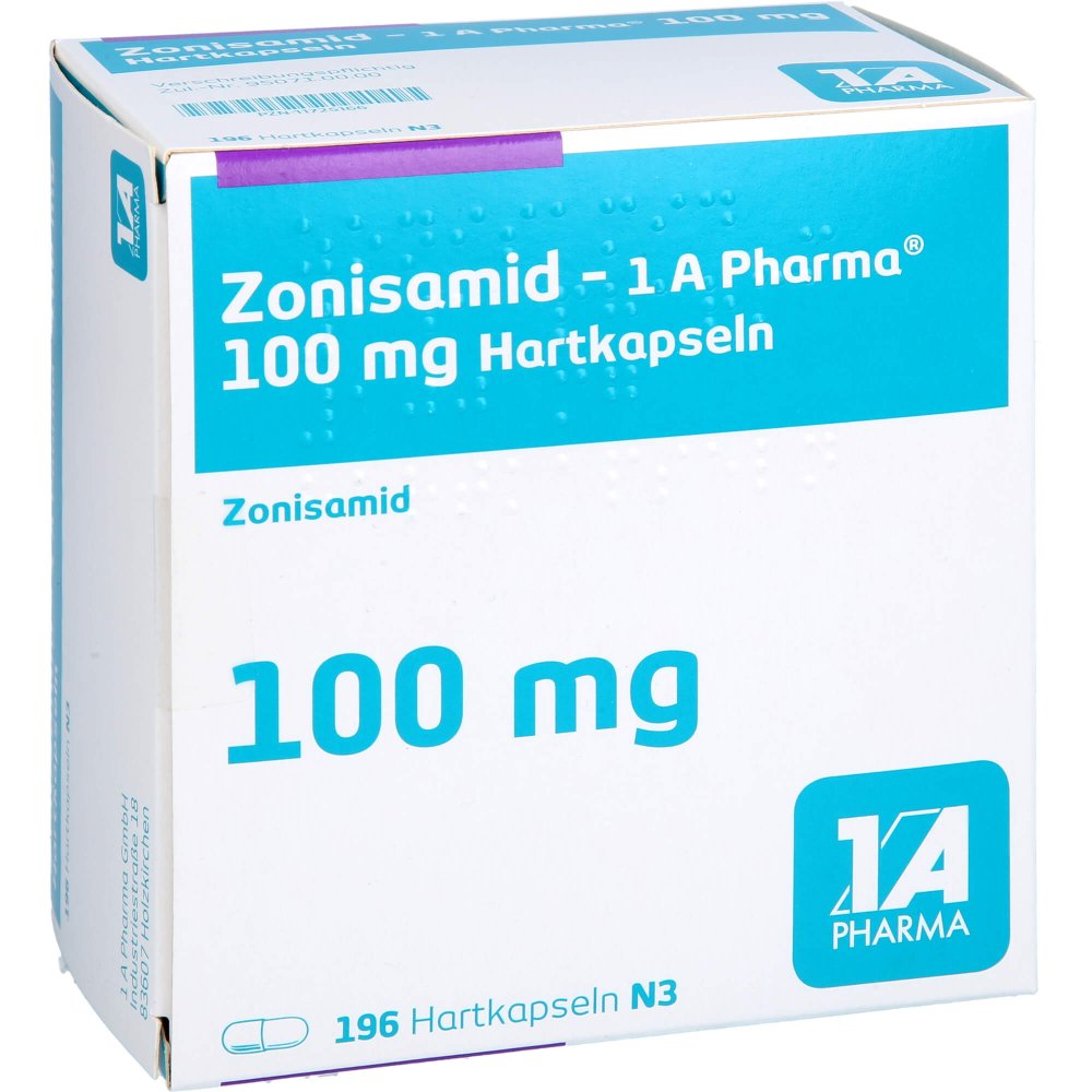 Das Produktfoto zeigt Zonisamid-1a Pharma 100 Mg Hartkapseln (196 stk) PZN 11725166