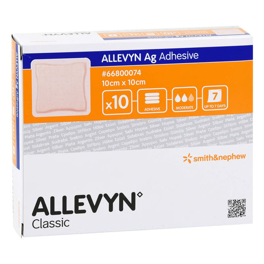 Das Produktfoto zeigt Allevyn Ag Adhesive 10x10 Cm Wundverband (10 stk) PZN 11729939
