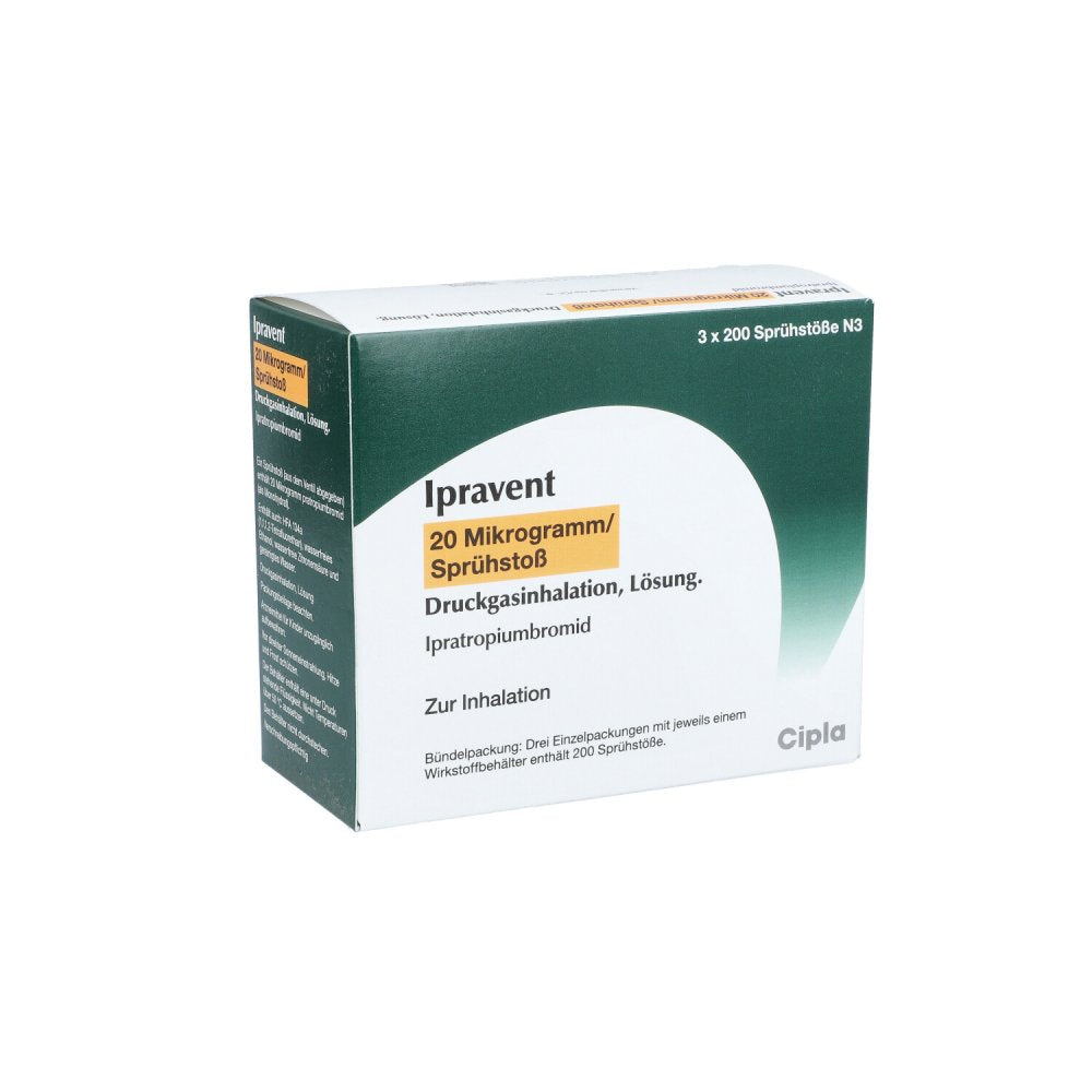 Das Produktfoto zeigt Ipravent 20 Mikrogramm/Sprühstoß Druckgasinhalat. (3 stk) PZN 11730032