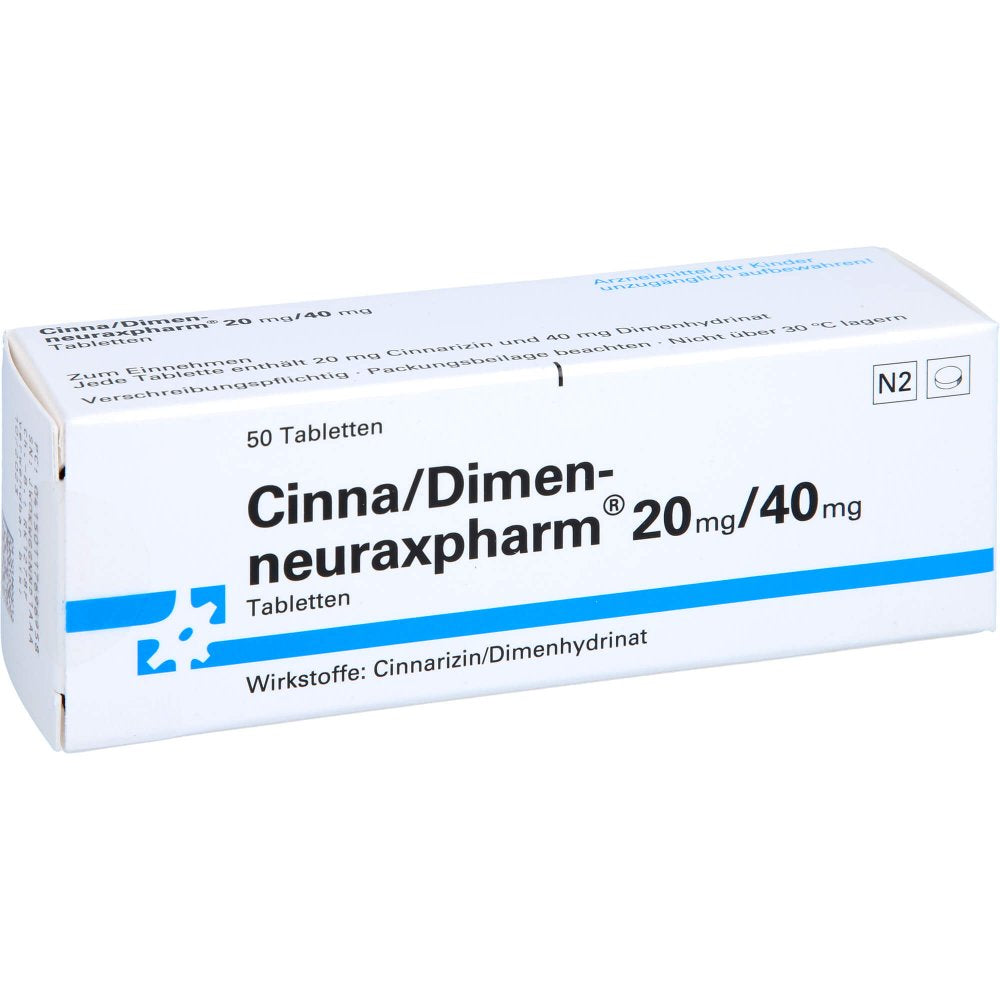 Das Produktfoto zeigt Cinna/Dimen-Neuraxpharm 20 Mg/40 Mg Tabletten (50 stk) PZN 11769695