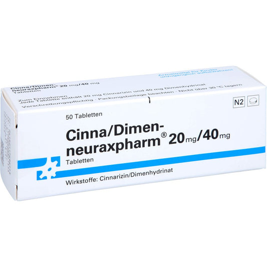 Das Produktfoto zeigt Cinna/Dimen-Neuraxpharm 20 Mg/40 Mg Tabletten (50 stk) PZN 11769695