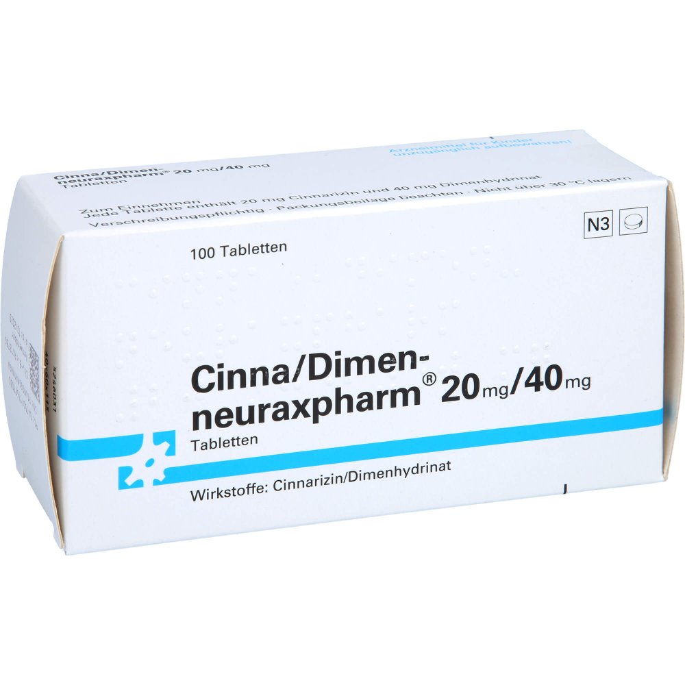 Das Produktfoto zeigt Cinna/Dimen-Neuraxpharm 20 Mg/40 Mg Tabletten (100 stk) PZN 11769703