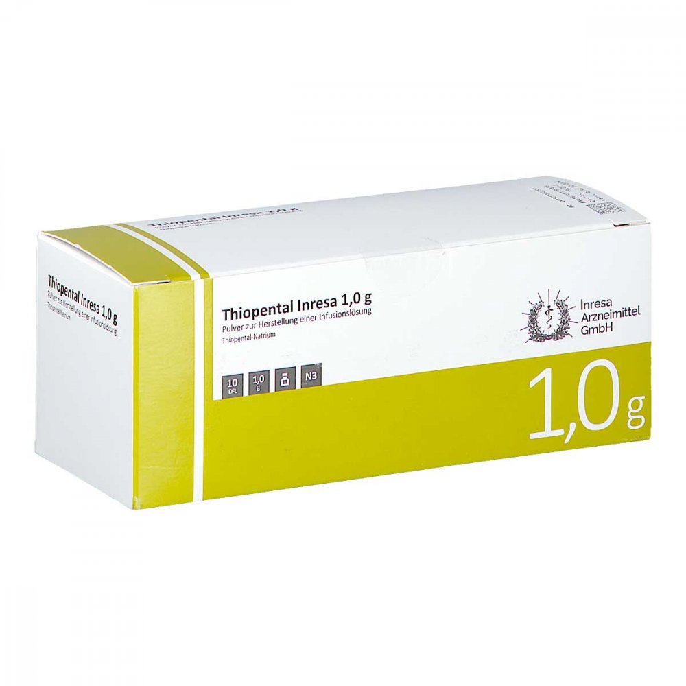 Das Produktfoto zeigt Thiopental Inresa 1,0 G Pulver Z.Herst.E.Inj.-Lsg. (10X20 ml) PZN 11852255