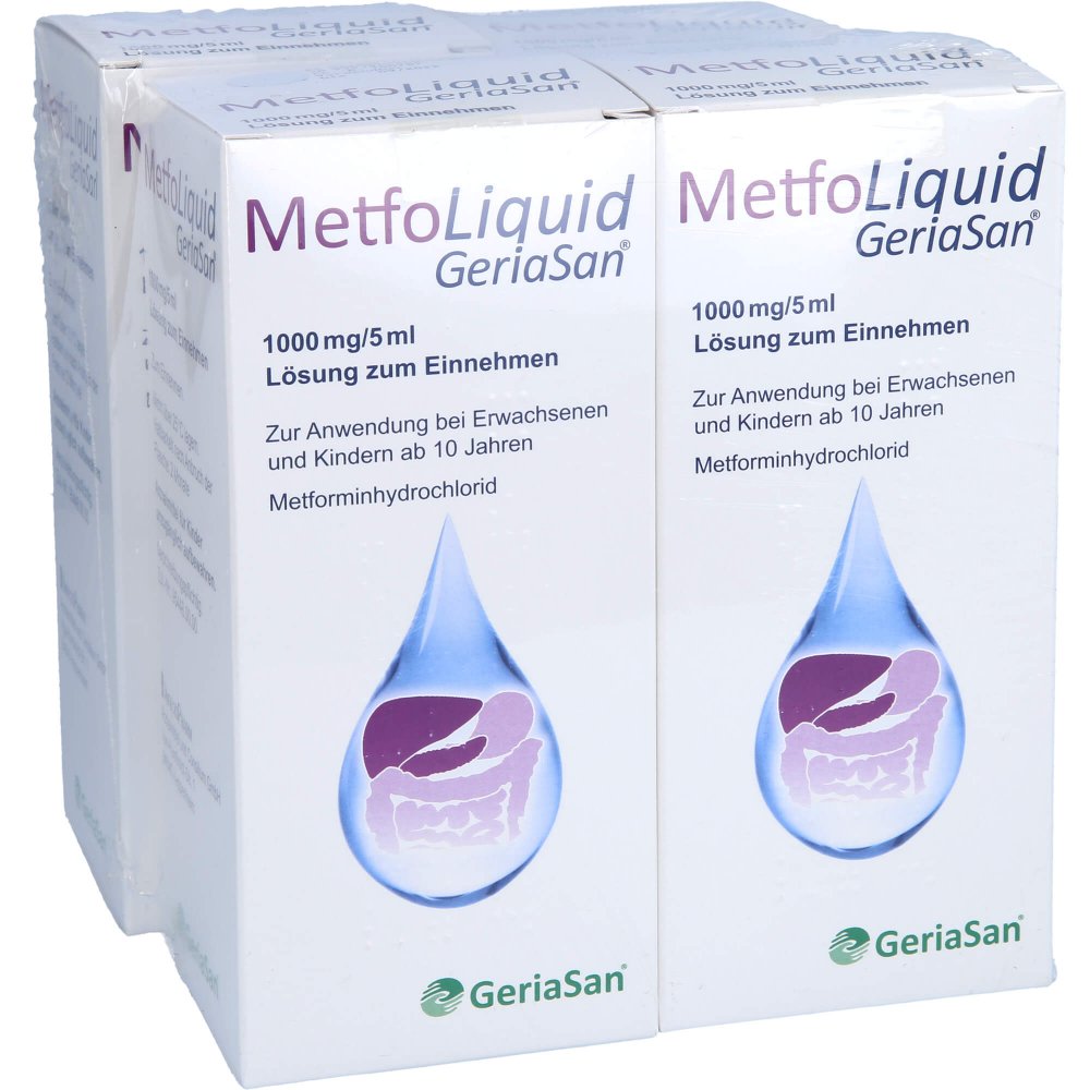 Das Produktfoto zeigt Metfoliquid Geriasan 1000 Mg/5 Ml Lsg.Z.Einnehmen (4X150 ml) PZN 11852870