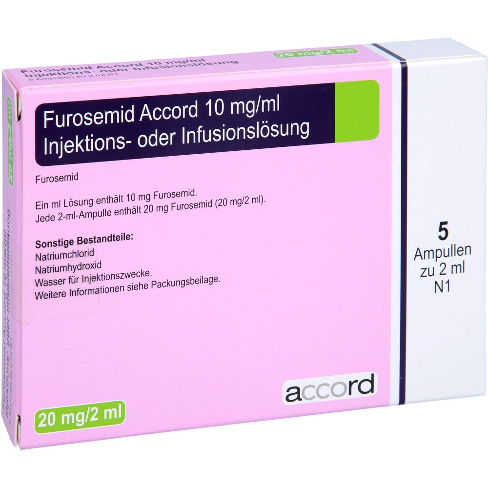 Das Produktfoto zeigt Furosemid Accord 10 Mg/Ml Inj.-/Inf.-Lsg.Amp.20mg (5X2 ml) PZN 11854136