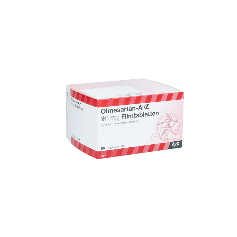 Das Produktfoto zeigt Olmesartan Abz 10 Mg Filmtabletten (98 stk) PZN 11856069