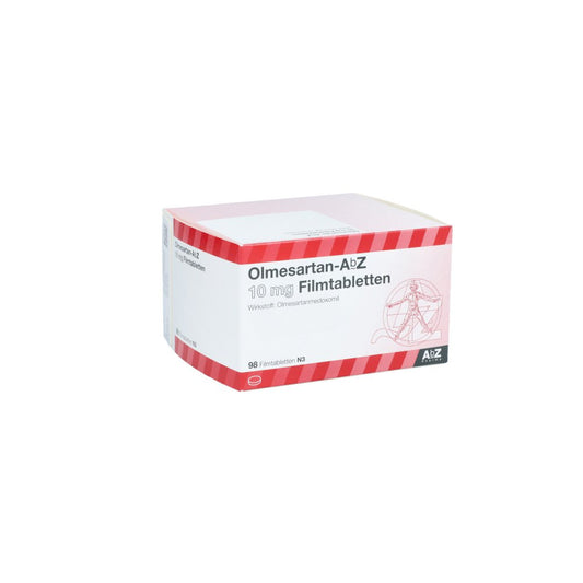 Das Produktfoto zeigt Olmesartan Abz 10 Mg Filmtabletten (98 stk) PZN 11856069