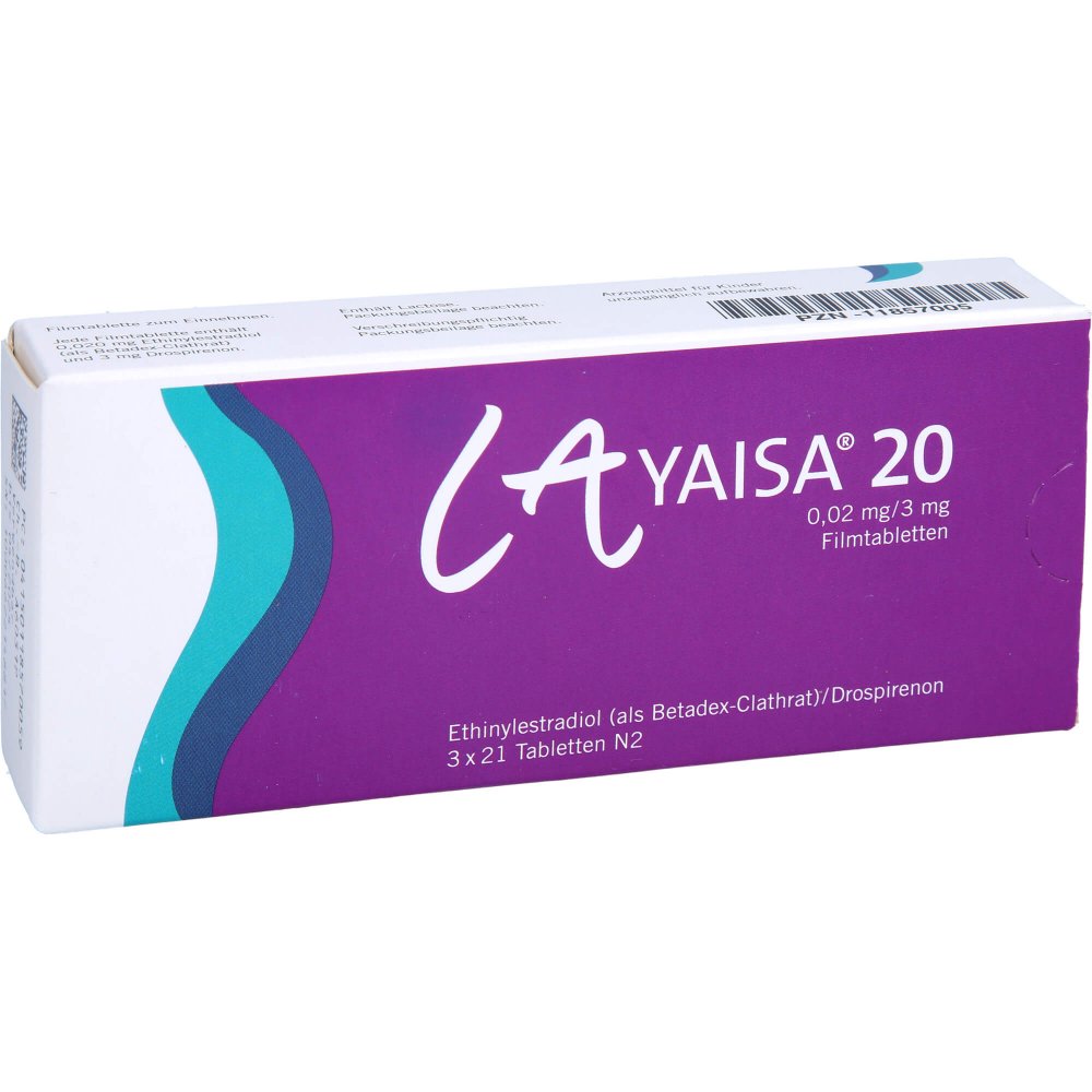 Das Produktfoto zeigt Layaisa 20 0,02 Mg/3 Mg Filmtabletten (3X21 stk) PZN 11857005