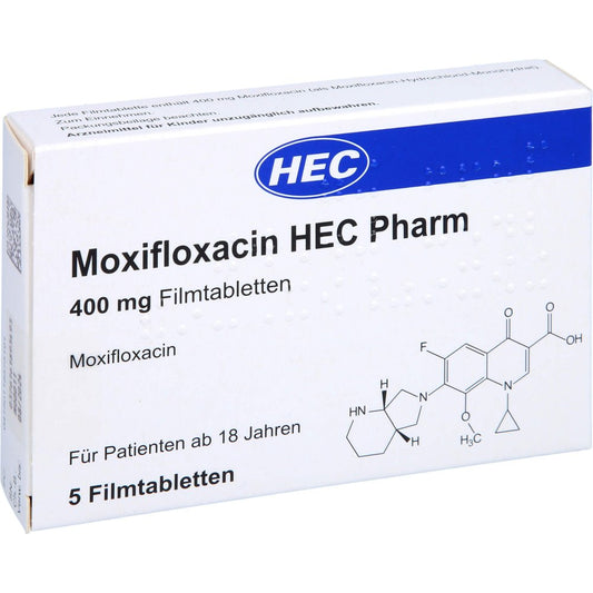 Das Produktfoto zeigt Moxifloxacin Hec Pharm 400 Mg Filmtabletten (5 stk) PZN 11857519