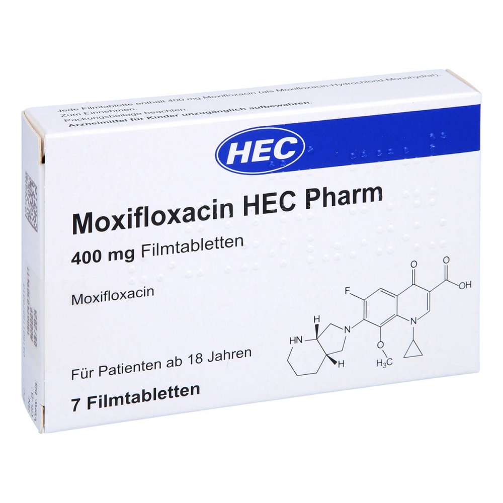 Das Produktfoto zeigt Moxifloxacin Hec Pharm 400 Mg Filmtabletten (7 stk) PZN 11857531