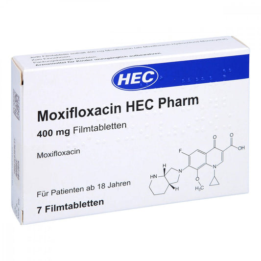Das Produktfoto zeigt Moxifloxacin Hec Pharm 400 Mg Filmtabletten (7 stk) PZN 11857531