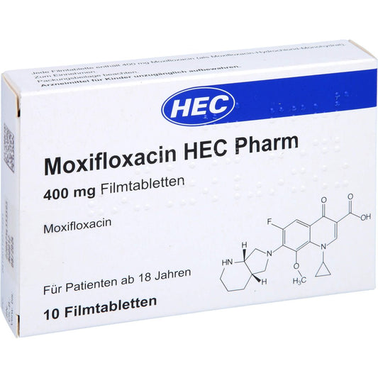 Das Produktfoto zeigt Moxifloxacin Hec Pharm 400 Mg Filmtabletten (10 stk) PZN 11857548